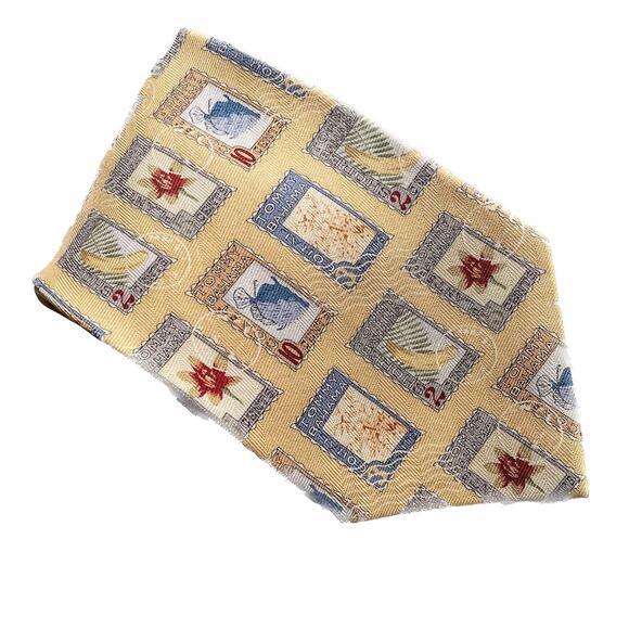 Tommy Bahama Vintage 100% Silk Tropical Postage Stamp Tie Necktie yellow 4"w - Picture 5 of 5